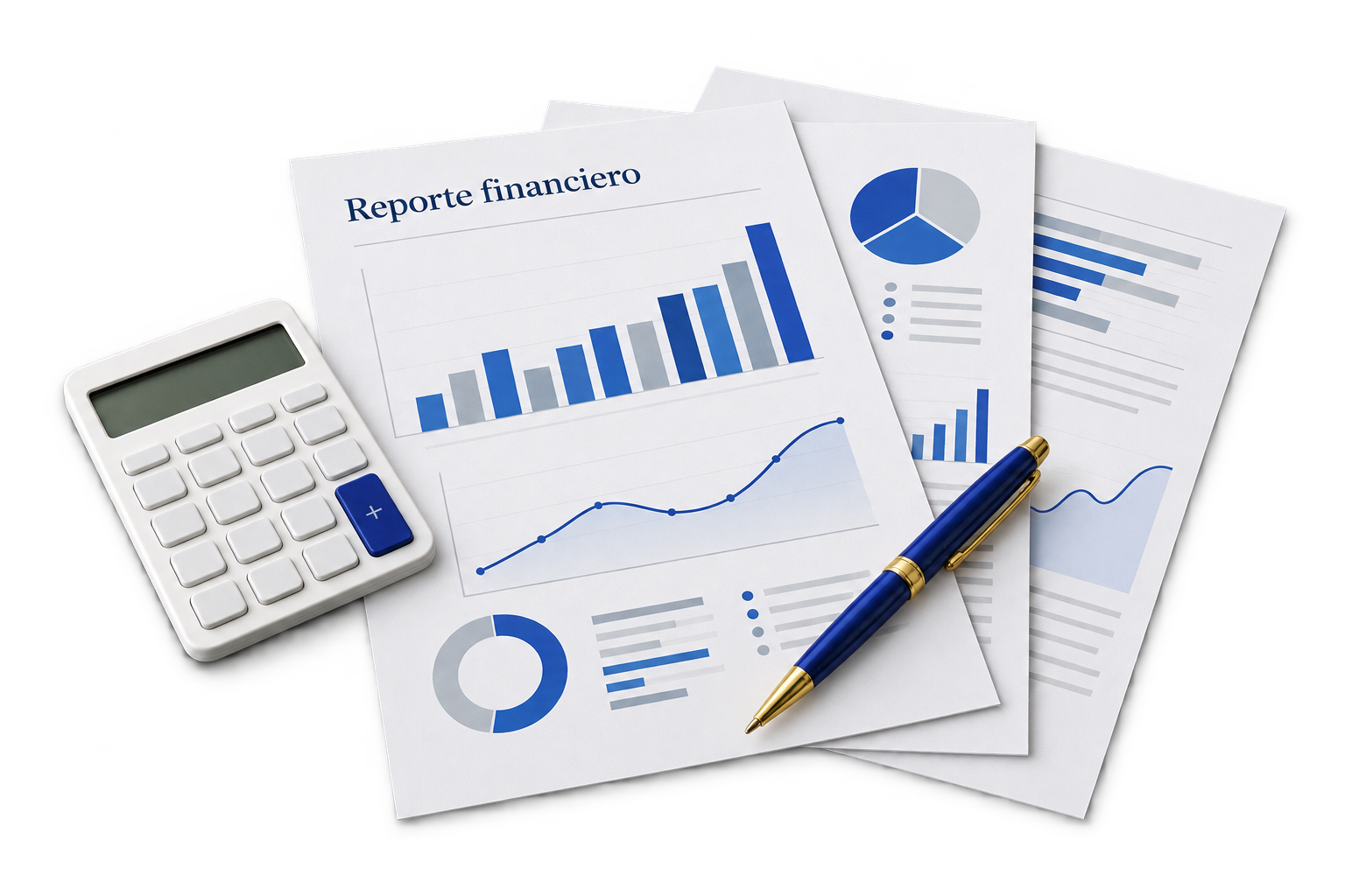 Reporte financiero con calculadora y pluma